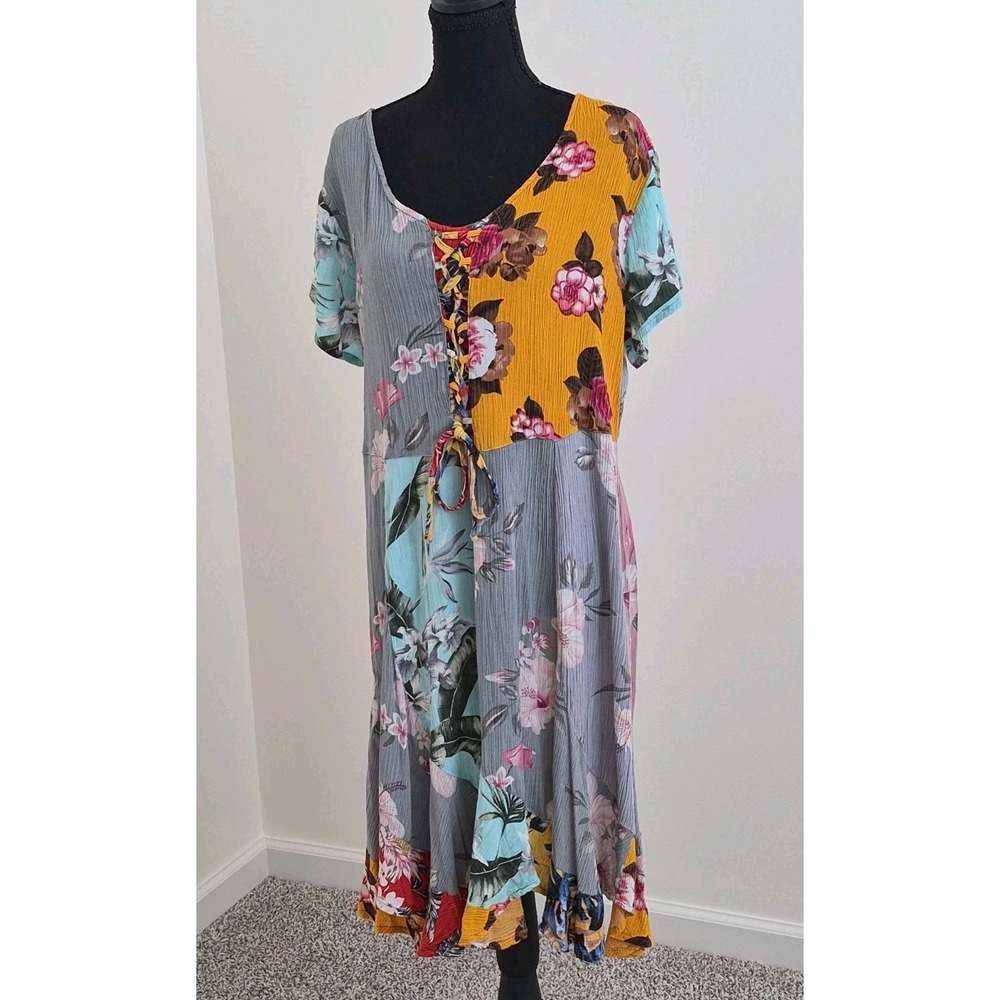 Sacred Threads Floral Patchwork Short Sleeve Midi Dress sz X / XL Boho Gypsy